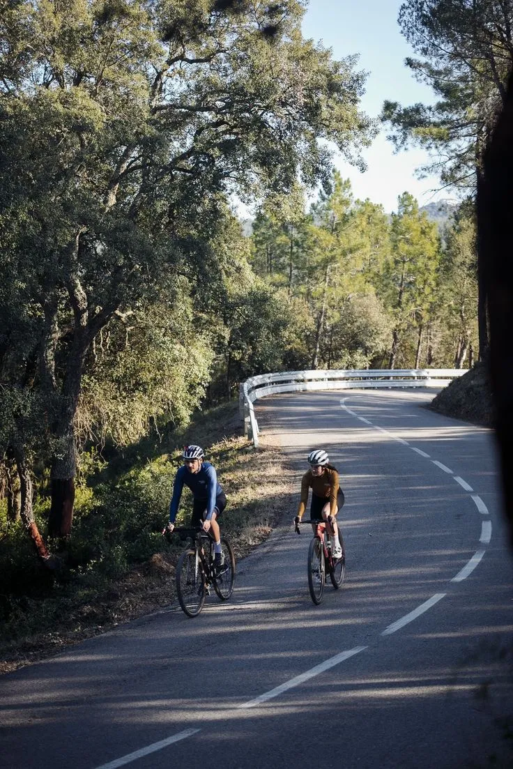 Cyclists riding through open countryside lanes